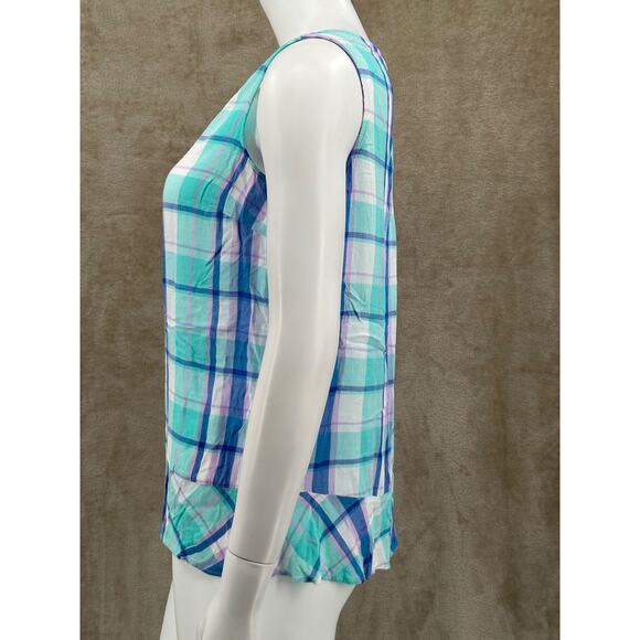ana A New Approach Top Womens Medium Blue Purple Plaid Ruffle Sleeveless V-Neck - Picture 4 of 9